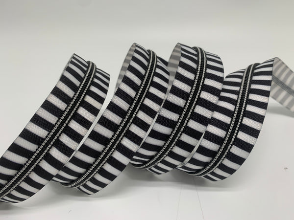 RTS - Striped B/W #5 Zipper Tape by the Yard with Glow Teeth