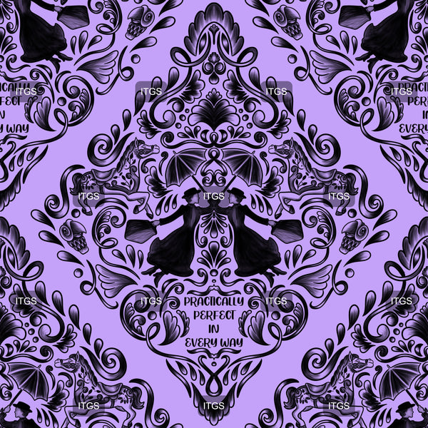 RTS - Magical Mary Damask - Ebony - Deep Purple Waterproof Canvas