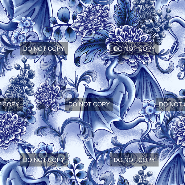 RTS - Vintage Dragon Floral - Blue Waterproof Canvas
